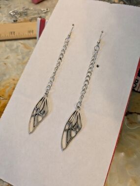 Silver Butterfly Wing Drop Chain Earrings